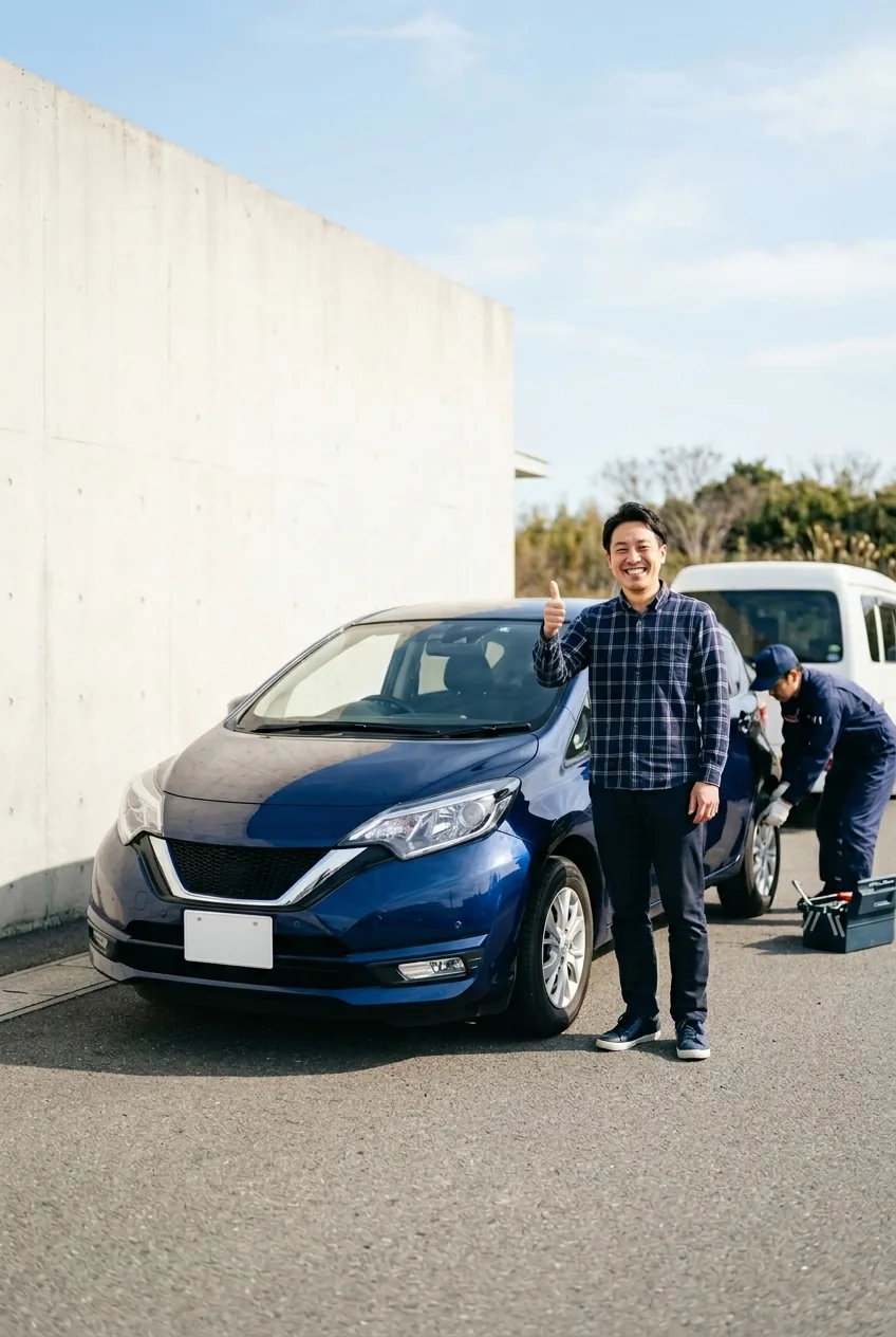 作業を終えた乗用車とサービスカー