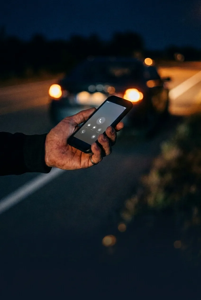 夜の路上でスマートフォンを手にしている